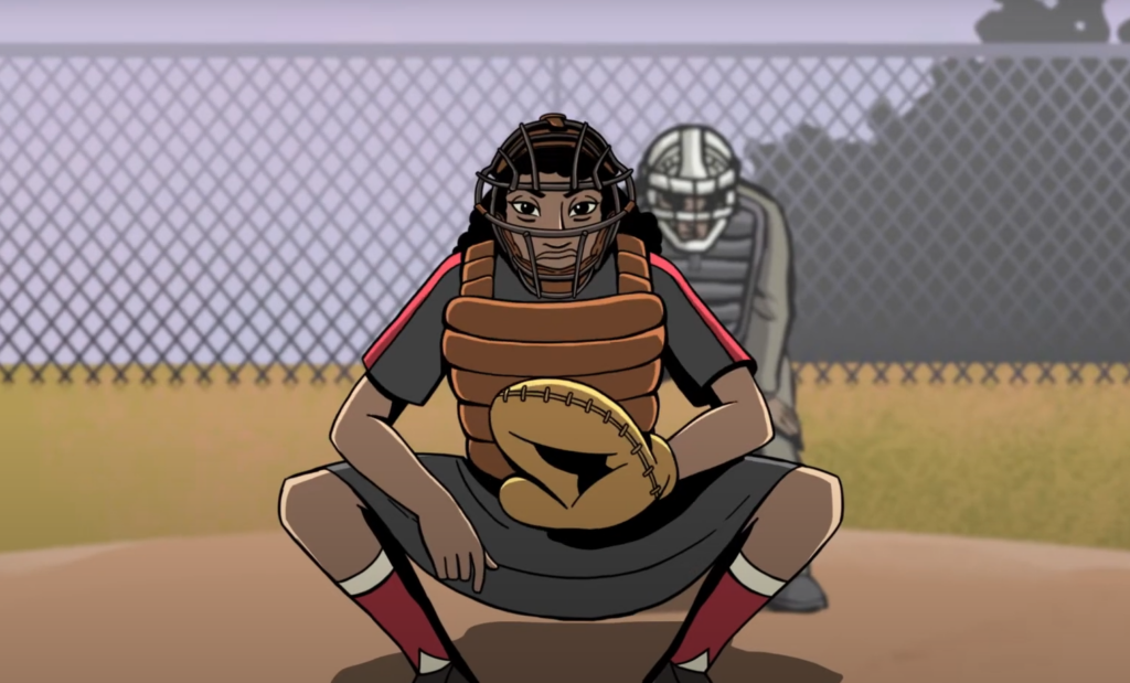 A baseball catcher wearing protective gear squats behind home plate, holding a mitt. A pitcher is visible in the background on a dirt field with a chain-link fence.